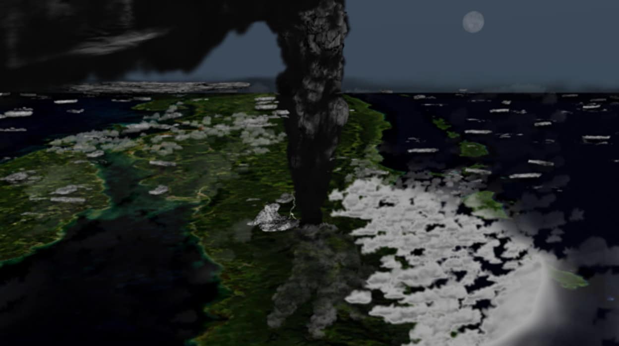 La erupción del supervolcán Toba, como se habría visto desde el espacio