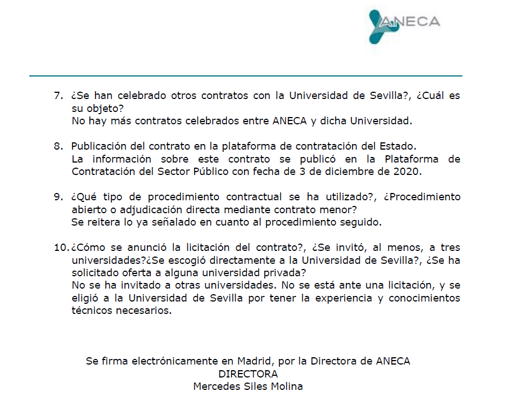 Fragmento de la respuesta, vía Portal de Transparencia, de la Aneca a ABC