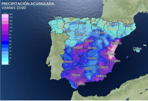 Previsión de lluvia acumulada hasta el final del viernes 25 de marzo en la Península y Baleares