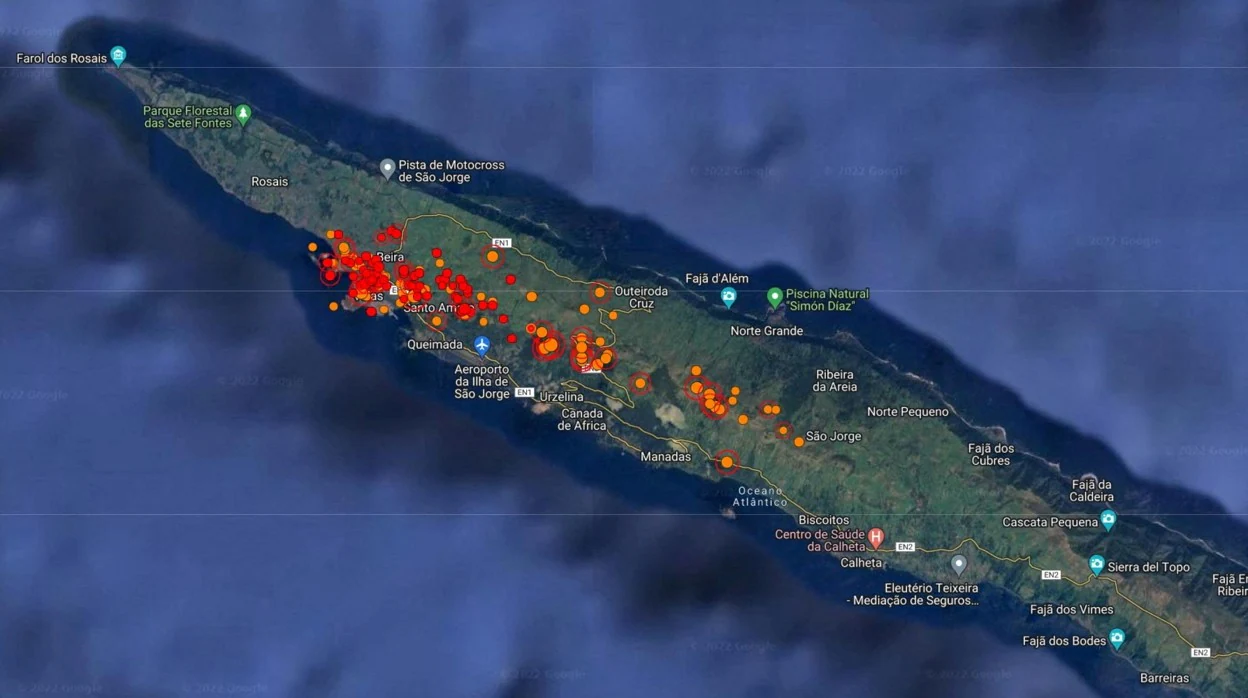 Mapa sísmico de la isla de San Jorge con las zona