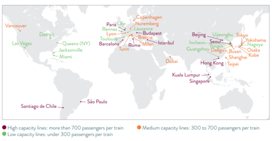 Ciudades con líneas de metro totalmente automatizadas en servicio, 31 de diciembre de 2018, según el informe de la UITP.