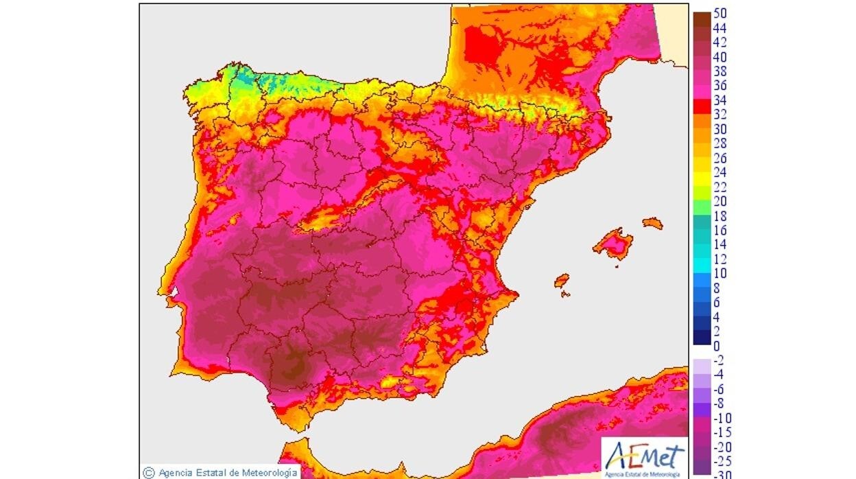 Mapa de temperaturas máximas en Península y Baleares el próximo domingo