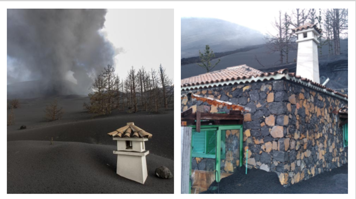 La casa de Vicente Leal, sepultada por las cenizas del volcán y una imagen de la misma realizada el pasado martes