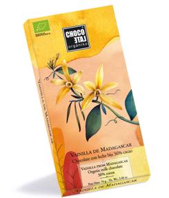 Chocolatecon leche bio 36% de cacao, azúcar de caña y una pizca de vainilla Bourbon de Madagascar