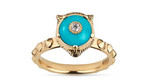 Anillo de oro amarillo con cabeza de felino en turquesa y diamantes