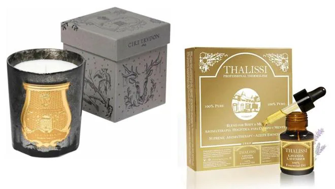 De izda. dcha.: Vela perfumada con notas de cuero y tabaco, modelo Ernesto, de Cire Trudon (85€). Aceite esencial puro de lavanda, de Thailissi (45,90€).