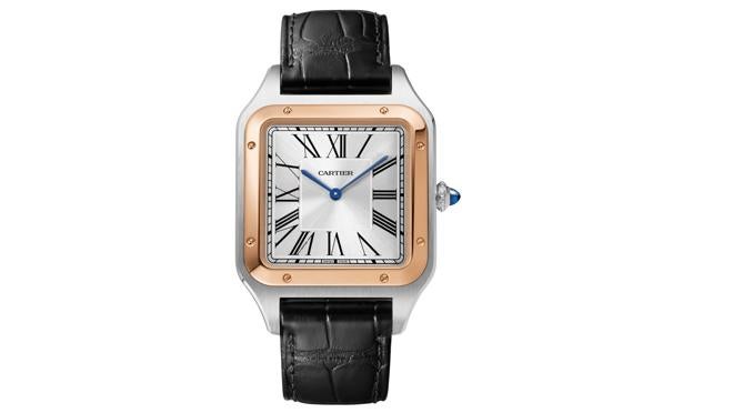 Reloj Cartier Santos Dumont XL, en caja de oro rosa y acero y correa de piel de aligátor. Movimiento manufactura de cuerda manual calibre 430 MC.