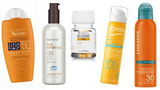 De izda. a dcha.: Fluido solar para pieles sensibles Avène Sport SPF 50+ (21,27€). Fluido Protector Sun Expertise Blue Light Tecnhology SPF 30, de Skeyndor (22,30€). Fotoprotección oral Heliocare Ultra D Cápsulas (31,75€). Bruma Solar Hidratante para el rostro, de Biotherm (26€). Bruma protectora solar Sun Sport SPF 30, de Lancaster (44,90€).