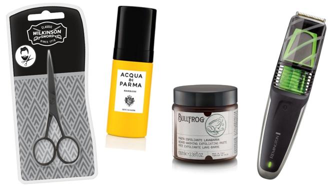 De izda. a dcha.: Tijeras para la barba Wilkinson (14,95€). Sérum de barba Barbiere Acqua di Parma (42€). Pasta exfoliante para limpiar la barba Bullfrog (14,95€ en Douglas). Maquinilla de afeitar especial para barba Remington Vaccum (64,99€).