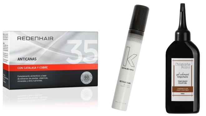 De izda. a dcha.: Comprimidos Anticanas, de Redenhair (42€). Spray cubre raíces Retouch.me, de Kevin.Murphy (16€). Gel de coloración temporal de Christophe Robin, de venta en Claudia Di Paolo (29€).