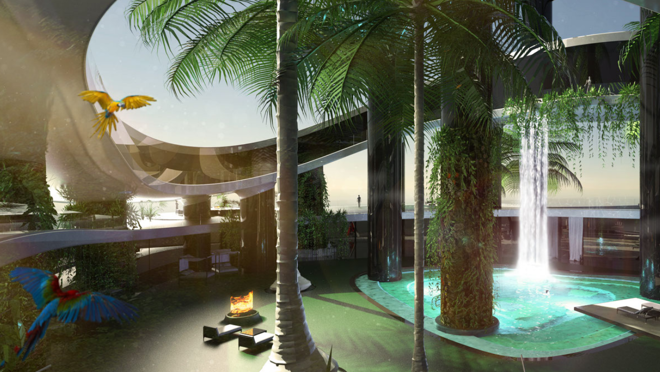 La isla incluye un jardín vertical, así como palmeras y todo tipo de vegetación