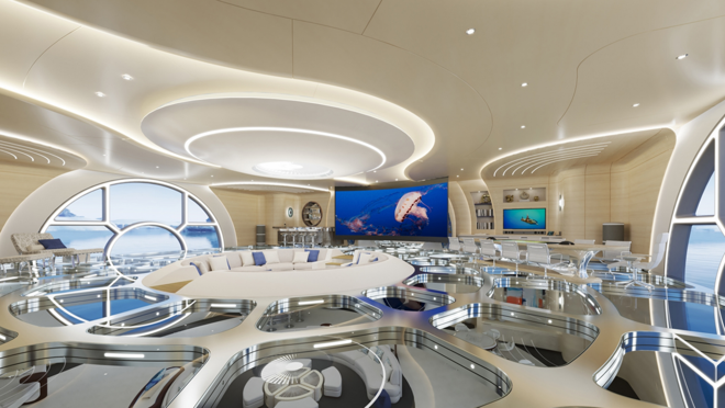 Los suelos son de vidrio y cuenta con grandes ventanales para disfrutar de las visitas