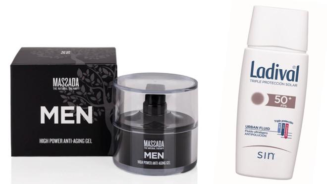 De izda. a dcha.: Ladival Urban Fluid Antipolución (21,72€). Gel Antiarrugas High Power de Massada Men (50,85€).