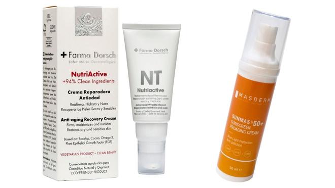 De izda. a dcha.: NutriActive Crema facial Reparadora Antiedad de + Farma Dorsch (37 €). Protector solar antipolución y antiluz azul Sunmas Sunscreen Proaging Cream SPF50 de Masderm (33 €).