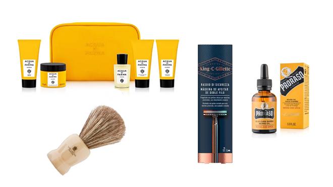 Set Barbiere de Acqua Di Parma (94€), brocha de afeitado Vie-Long (9,95€), aceite para barba Proraso (11,95€) y maquina de afeitar de doble filo King C Gillete (18,95€). *Precios en Druni