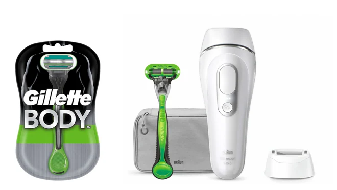 De izquierda a derecha: Gillette Body Maquinilla de afeitar corporal desechable (9,70 €) y Depiladora de luz pulsada para hombre Silk Expert Pro 5 de Braun (479 €).