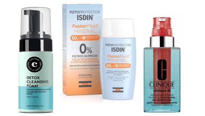 De izquierda a derecha: Espuma limpiadora Detox para pieles mixtas y grasas de Cocunat (16,95 €); Fotoprotector Isdin Fusion Fluid Mineral SPF 50 y oil free (22,95 €); Hidratante Clinique iD Imperfections para pieles con grasa y brillos (57 €).