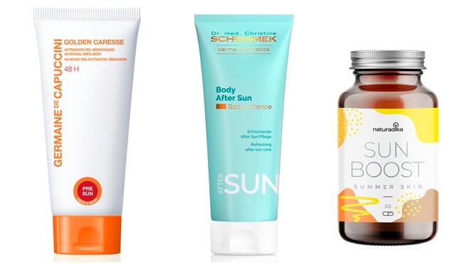 De izquierda a derecha: Activador del bronceado 48 horas Golden Caresse de Germaine de Capuccini (38,50 €); Body After Sun de Drs. Schrammek (36 €); Nutricosmética solar Sun Boost Summer Skin de Naturadika (24,90 €).