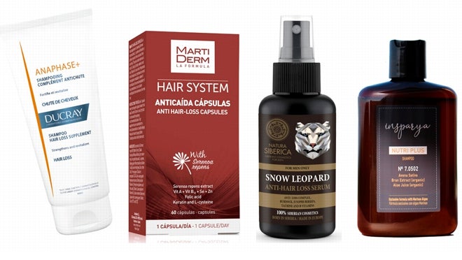 De izquierda a derecha: Anaphase+ Champú anticaída de Ducray (13,95 €); Anticaída Cápsulas Hair System de Martiderm (27,10 €); Sérum anticaída Leopardo de Nieve de Natura Siberica Men (5,60 €); Champú Nutriplus de Insparya (35 €).