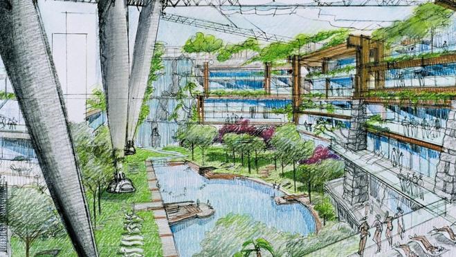 Diseño a lápiz de lo que sería el spa del Moon Resort