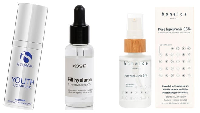 De izquierda a derecha: Sérum con ácido hialiurónico Youth Complex de Is Clinical (210 €); Sérum antiarrugas, rellenador y reparador Fill hyaluron de Kosei (29,90 €); Sérum Pure hyaluronic 95% de Bonaloa Skincare (43,95 €).