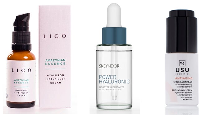 De izquierda a derecha: Crema con ácido hialurónicomicro esferificado como Hyaluron Lift + Filler Cream de la línea Amazonian Essence de Lico (44,90€); Booster hidratante intensivo Power Hyaluronic de Skeyndor (44,70 €); Sérum Antiedad con ácido hialurónico y oriental complex de Usu Cosmetics (22,50 €).