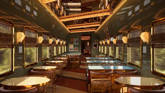 Render del vagón restaurante del tren Dolce Vita