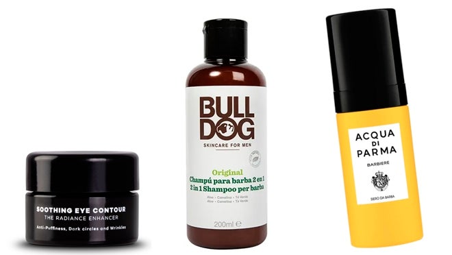 De izquierda a derecha: Contorno de ojos Soothing Eye Contour de Skin Perfection by bluevert (43 €); Champú para barba 2 en 1 Original de Bull Dog (8,49 €); Sérum de barba Barbiere de Acqua di Parma (41,99 €, en Sephora).