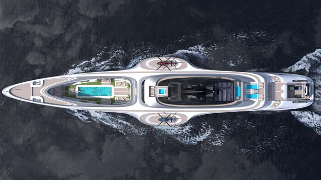 Sovrano mide 169,16 metros de esora y tiene una manga de 33 metros