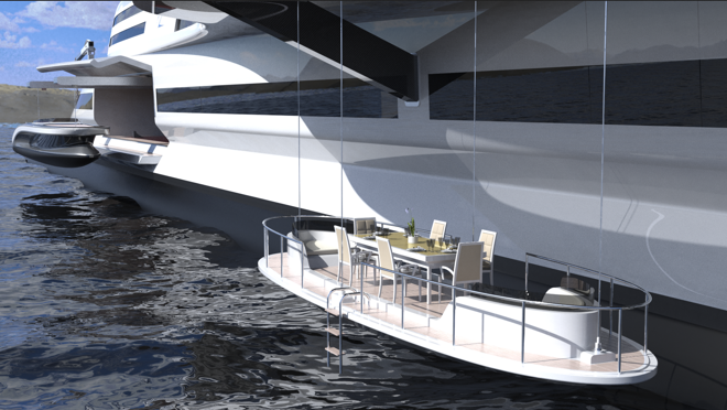 De los laterales sale una plataforma de flotación pata cenar junto al mar