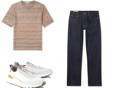 Vaqueros de Blackhorse Lane Ateliers (325 euros), camiseta de punto de Mr P (185 euros), zapatillas de Brunello Cucinelli (850 euros)