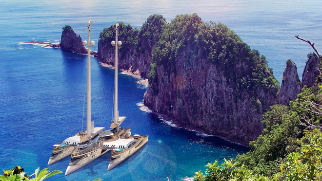 El trimarán cuenta con seis cubiertas pensadas para el cuidado y el entretenimiento