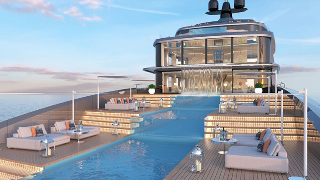 Beach club con piscina en cascada