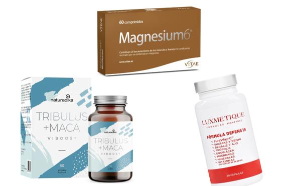 Suplementos alimenticios para aumentar tu energía en la vuelta al gimnasio: Tribulus + Maca de Naturadika (29,95 €); Magnesium 6 de Vitae (21,95 €) ; Defens 19 de Luxmetique (39, 95 €).
