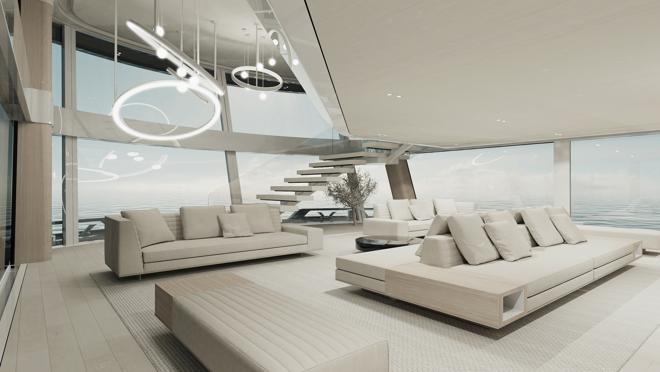 Los interiores muestran grandes estancias con techos altos y muebles de diseño