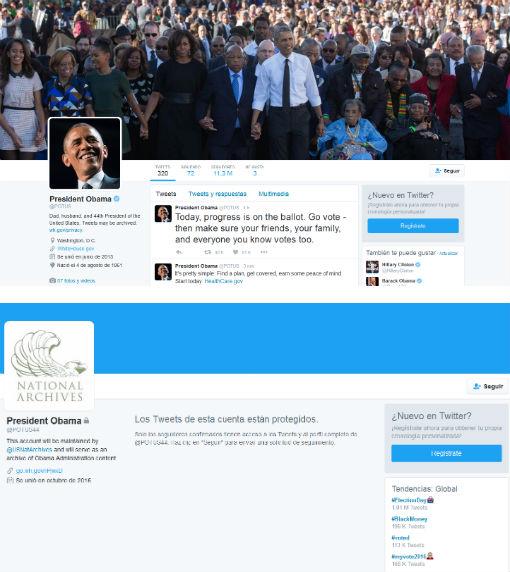 Las cuentas de Twitter de Obama : arriba, como presidente, abajo, cuando deje de serlo