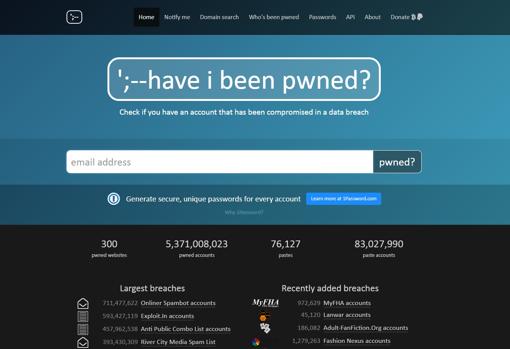 Página de inicio de haveibeenpwned.com