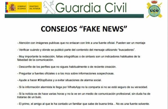 Los nueve consejos de la Guardia Civil para no caer en los bulos sobre el coronavirus