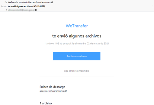 El correo malicioso en el que se hacen pasar por WeTransfer