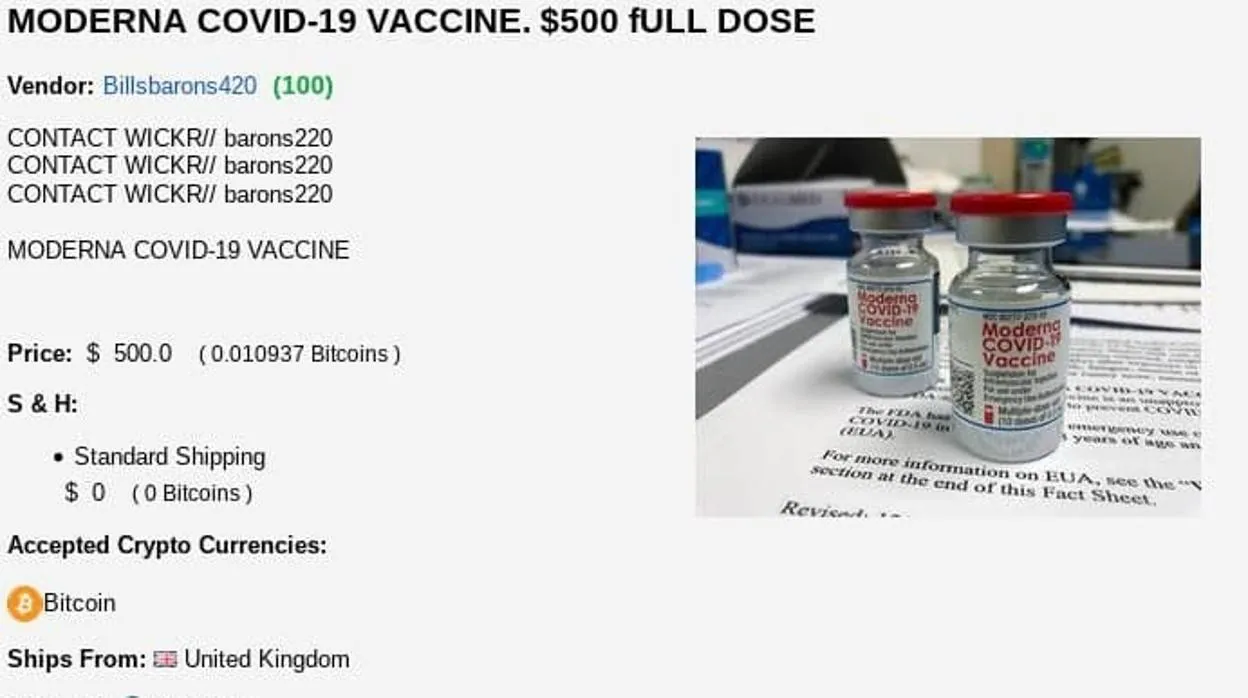 Oferta de una vacuna de Moderna encontrada por Kaspersky en la 'Dark Web'