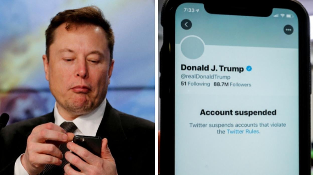 El empresario sudafricano Elon Musk. A la derecha, la cuenta de Twitter suspendida de Donald Trump