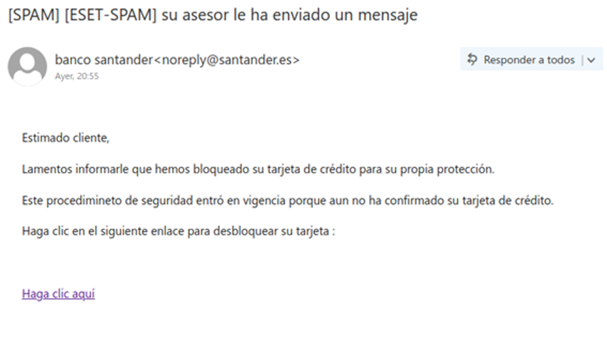 El mensaje de 'phishing' en el que suplantan al Banco Santander