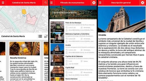 Imágenes de la aplicaicón de turismo del Ayuntamiento de Sevilla