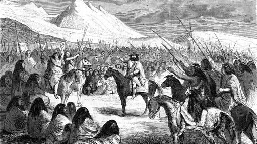 Grabado de Órelie Antoine I con los guerreros mapuches