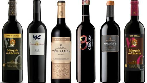 De izquierda a derecha, Marqués de Cáceres Gran Reserva 2009, MC 2012, Viña Albina 2011, 8 de Caecus 2012, Excellens Cuvée Especial 2013 y Marqués de Cáceres Reserva 2011