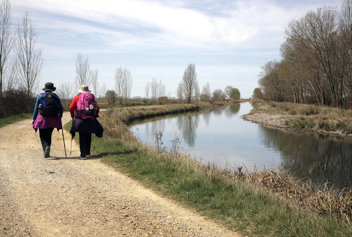 Peregrinos junto al Canal de Castilla