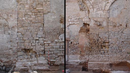 Vista de dos de los pilares del acueducto romano, en la intervención en la plaza Vuit de Març de Barcelona